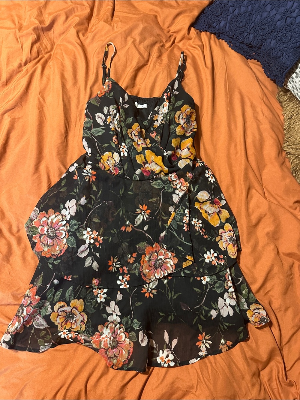 Maurices Black Floral Blouse with Vibrant Orange Lining